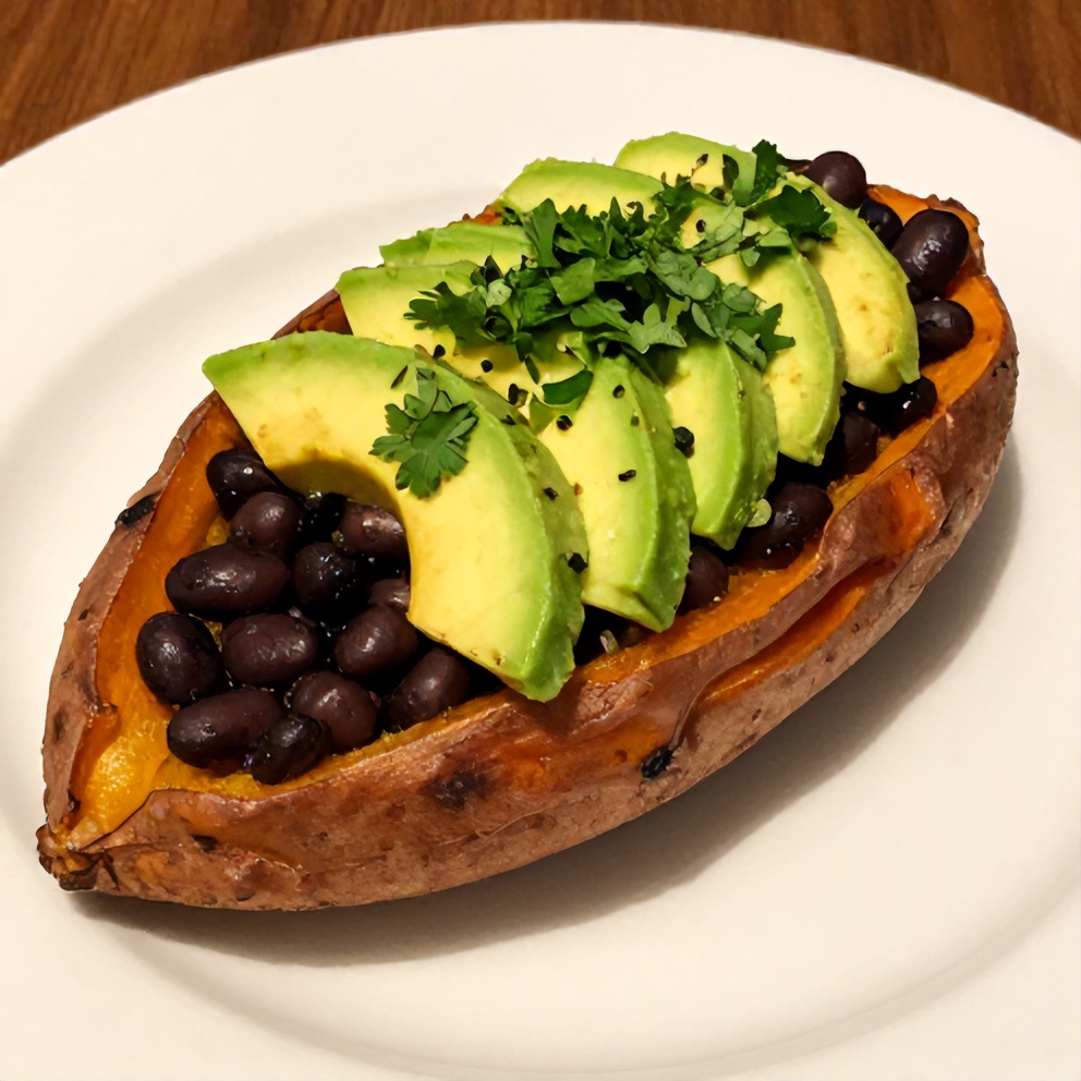 Plated black bean stuffed sweet potato with avocado and cilantro