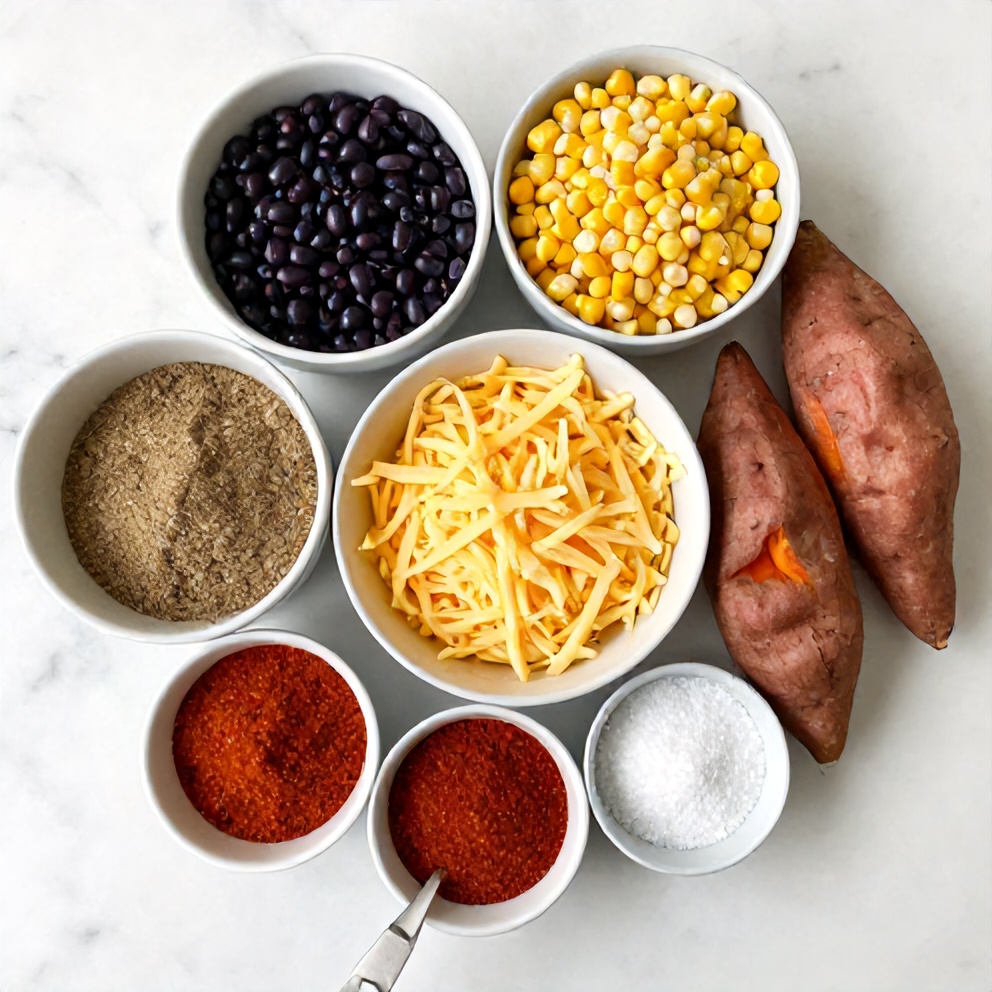 Ingredients for black bean stuffed sweet potatoes on a white marble counter
