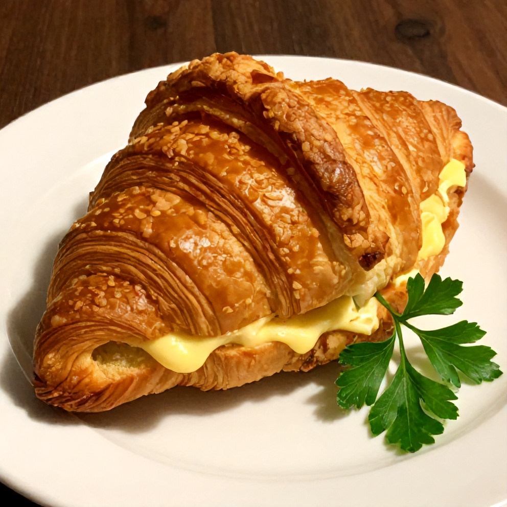 Plated croissant sandwich with eggs and cheese