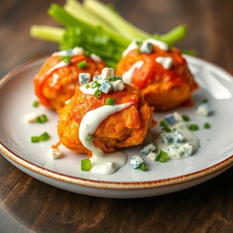 Buffalo chicken bombs on a plate with ranch and blue cheese