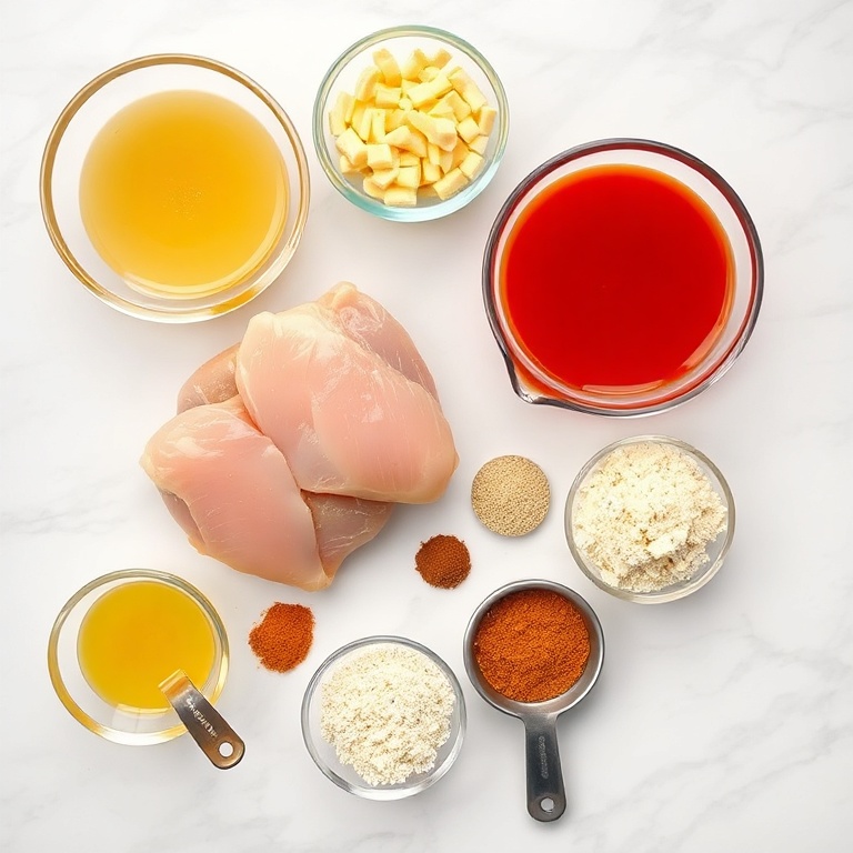 Raw chicken, hot sauce, cheese, breadcrumbs, and spices for buffalo chicken bombs