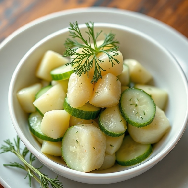 Cucumber salad in a white bowl with dill garnish