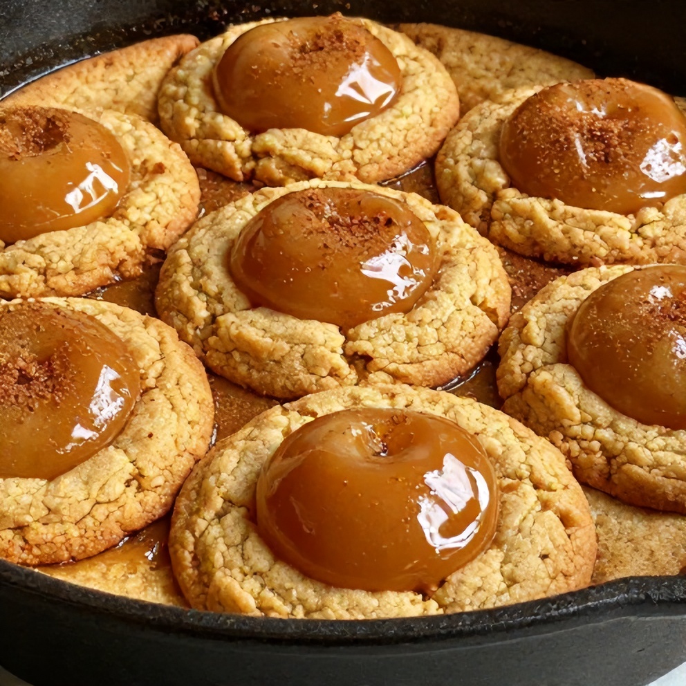Golden brown caramel apple cookie skillet with a glossy caramel top and cinnamon sprinkle