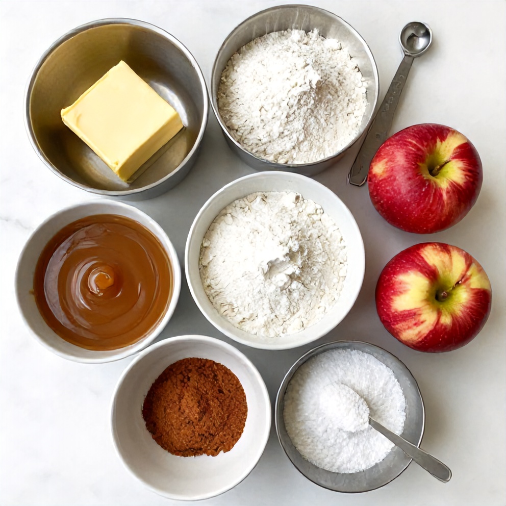 Raw ingredients for caramel apple cookie skillet including butter, flour, sugar, cinnamon, and apples