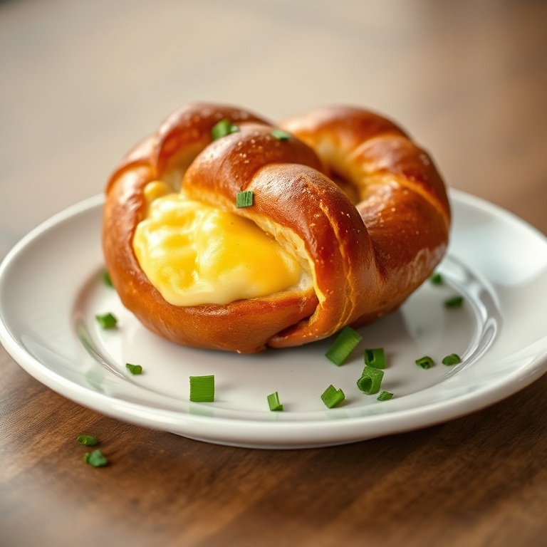 Close-up of a single cheese stuffed pretzel on a white plate garnished with chopped fresh parsley, warm side lighting emphasizing the melty cheese and crispy crust