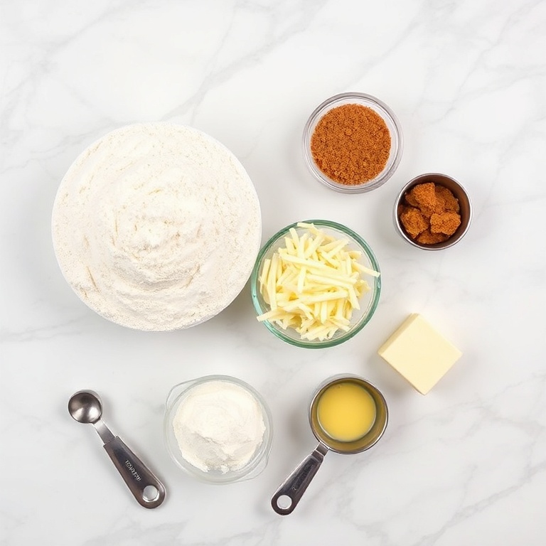 Overhead flat lay of raw ingredients for easy cheese stuffed pretzels including flour, shredded cheese, yeast packet, butter, and brown sugar on a white marble surface with measuring spoons and bowls
