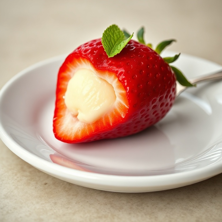 Single plated cheesecake stuffed strawberry with mint garnish on a white plate close up