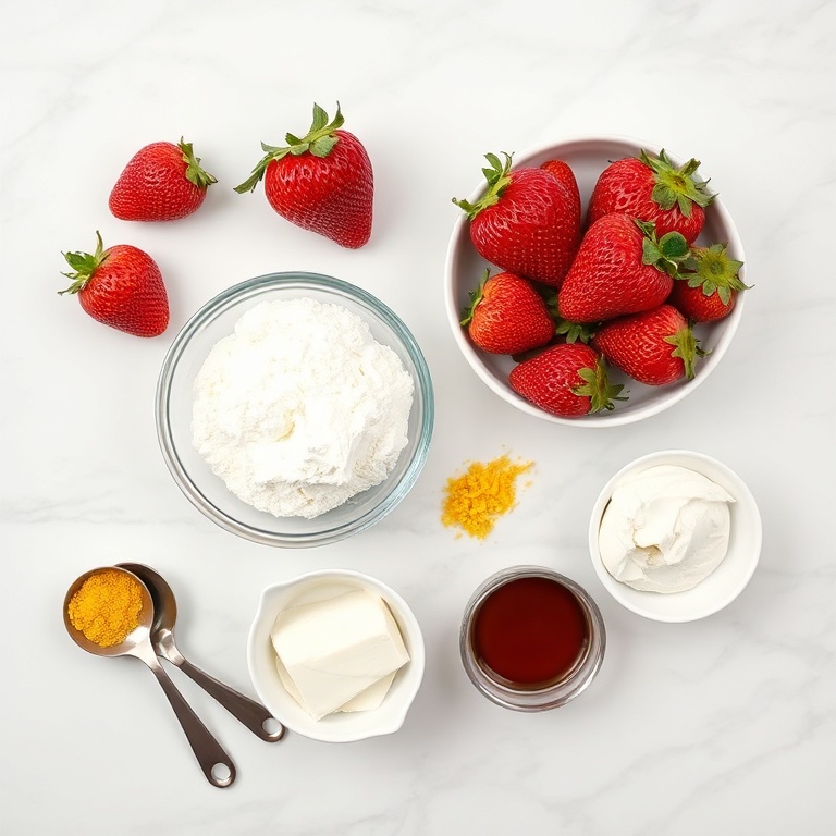 Overhead view of strawberries, cream cheese, powdered sugar, vanilla extract and lemon zest with measuring spoons and bowls