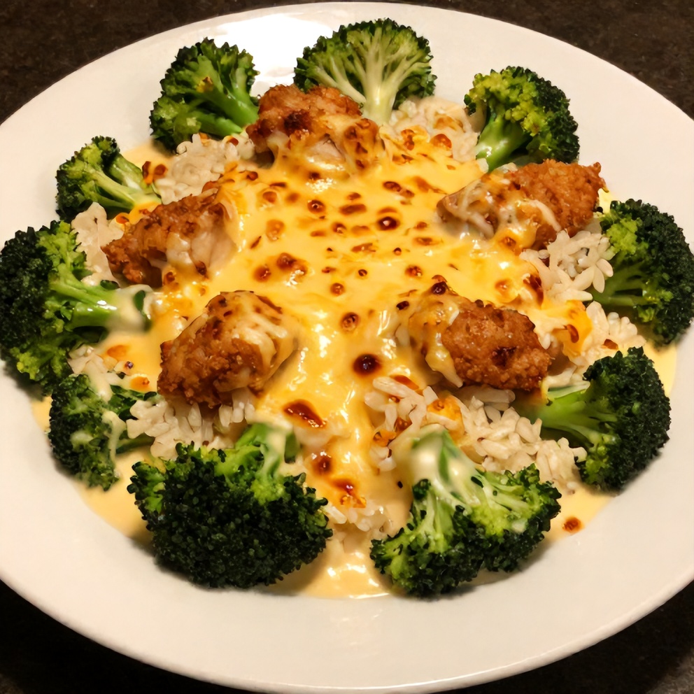 Plated Cheesy Broccoli Chicken and Rice