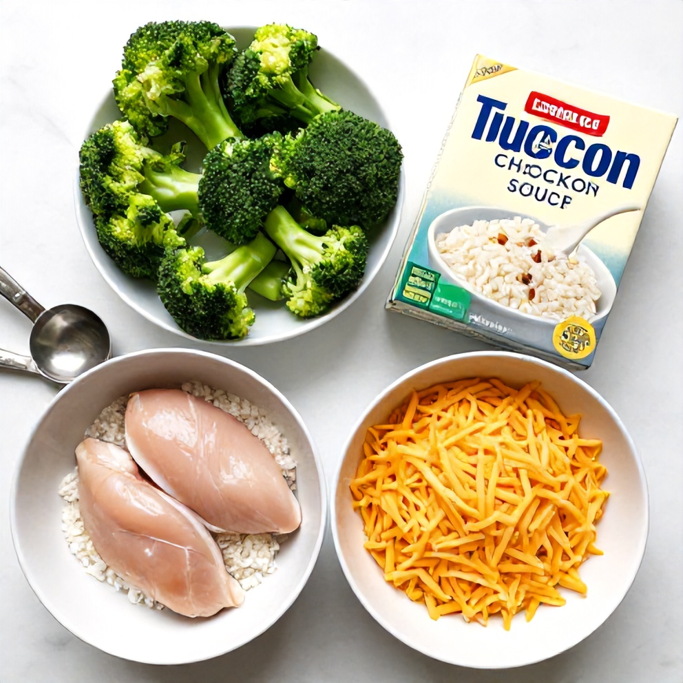 Raw Ingredients for Cheesy Broccoli Chicken and Rice