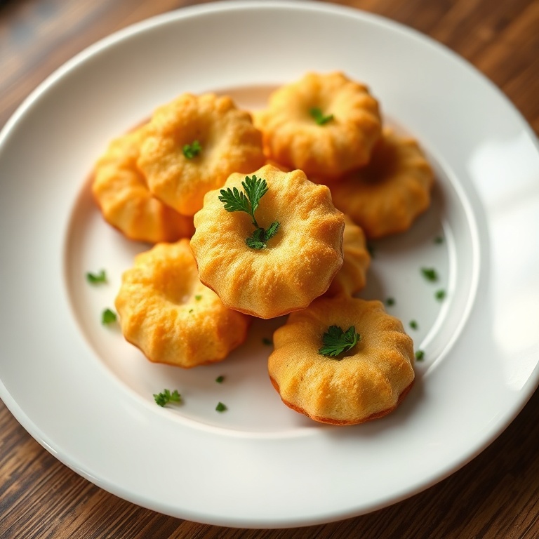 Perfectly plated Ritz bits with a sprinkle of parsley. White ceramic plate. Warm side lighting showing texture. Photorealistic food photography.