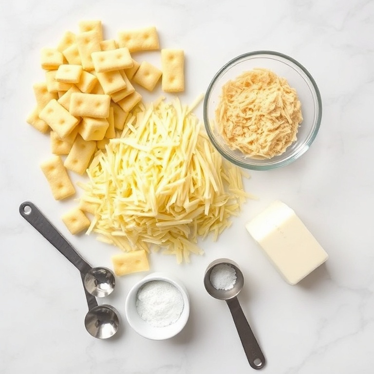 Raw ingredients for Easy Cheesy Garlic Ritz Bits. Ritz crackers, shredded cheese, garlic powder, butter, and salt. Measuring spoons and bowls visible. White marble surface. Bright even light.
