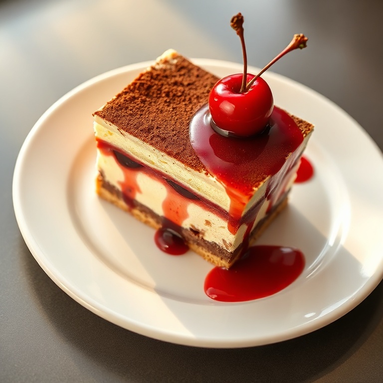 A single serving of cherry tiramisu on a white ceramic plate, topped with a dusting of cocoa powder and a fresh cherry garnish, with warm side lighting highlighting the layers.