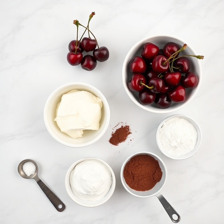 A flat lay of fresh cherries, ladyfingers, mascarpone, heavy cream, sugar, and cocoa powder arranged on a white marble surface with measuring tools nearby.