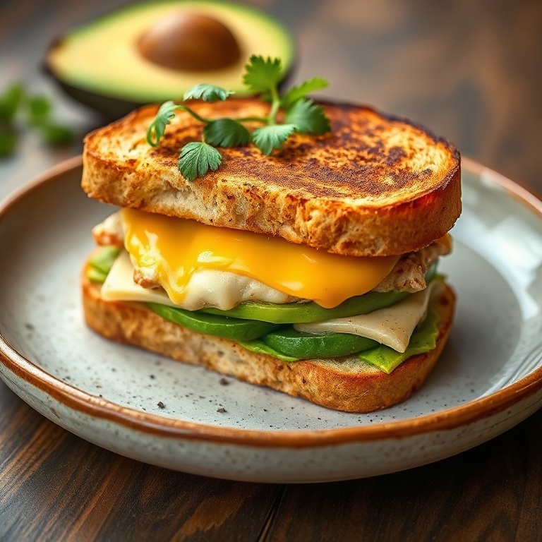 Plate with one serving of Easy Chicken Avocado Melt Sandwich garnished with fresh cilantro on a rustic plate