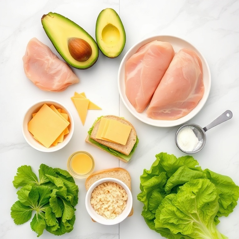 Overhead view of raw ingredients for Easy Chicken Avocado Melt Sandwich including chicken breast, avocado, cheese, bread, and lettuce arranged with prep bowls