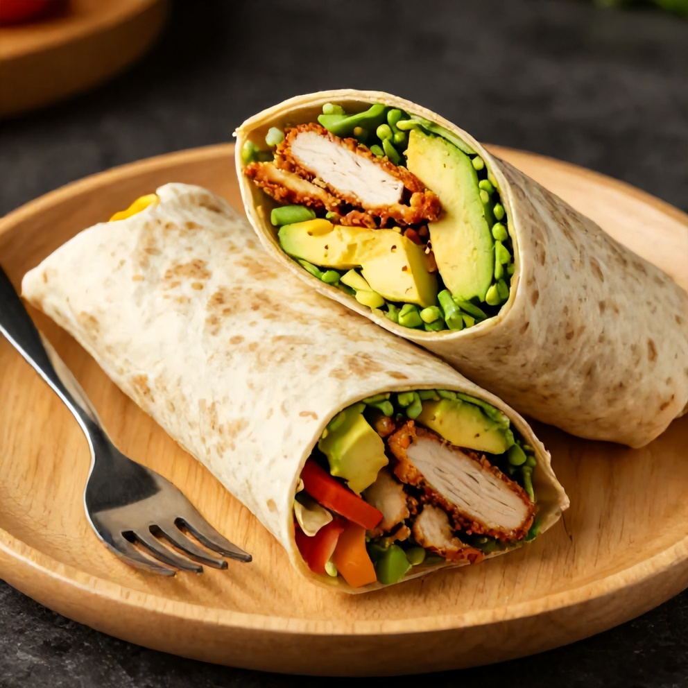 Chicken avocado wrap on a plate with a fork