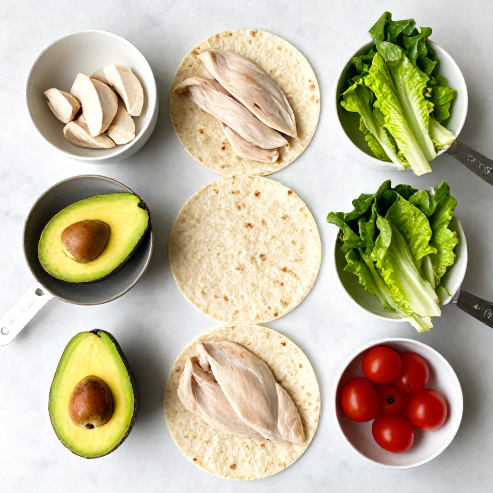 Raw ingredients for chicken avocado wrap on a marble surface