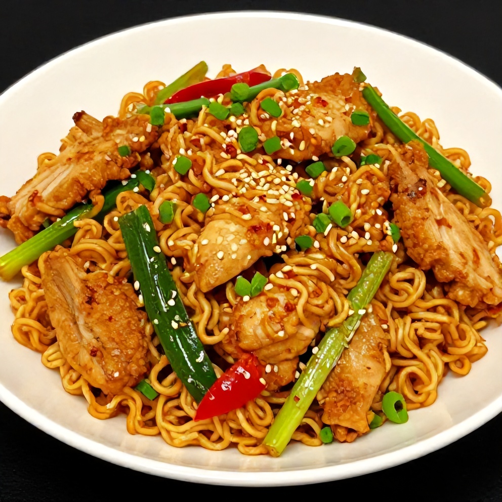 Plated chicken ramen stir fry
