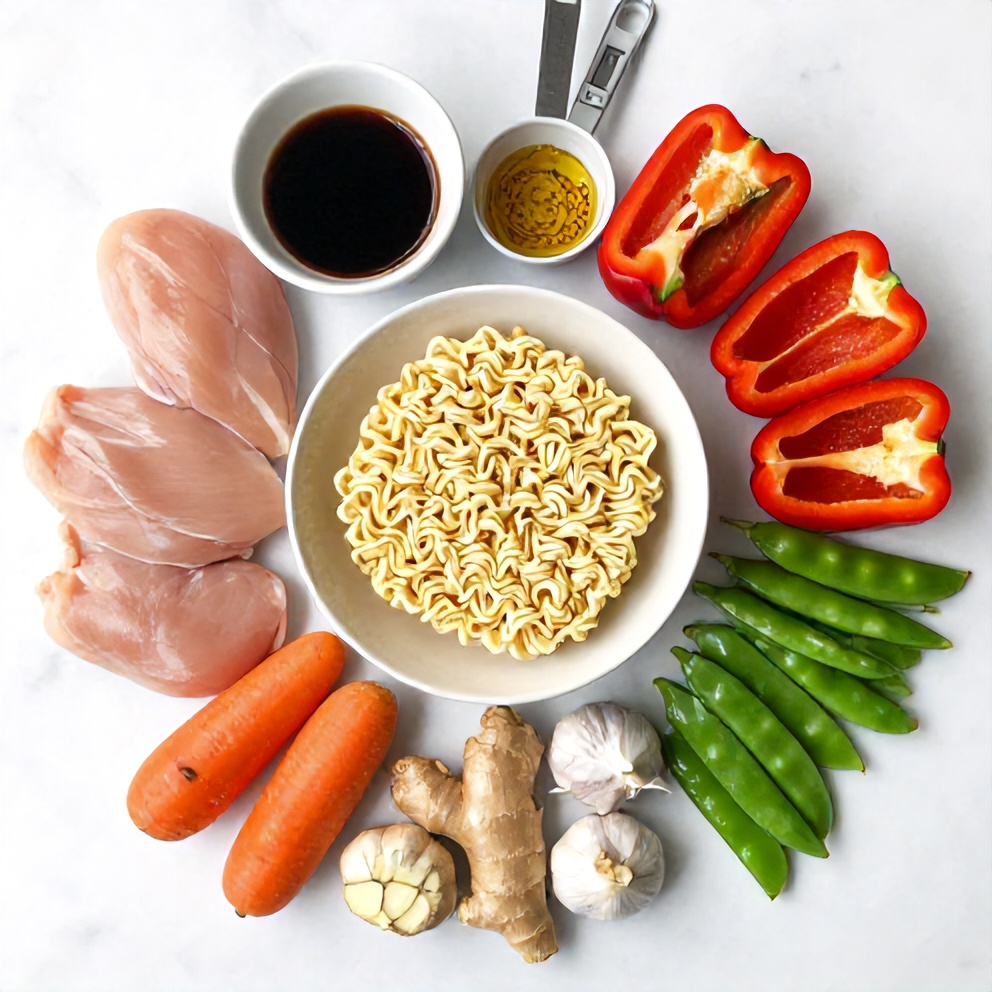 Raw ingredients for chicken ramen stir fry