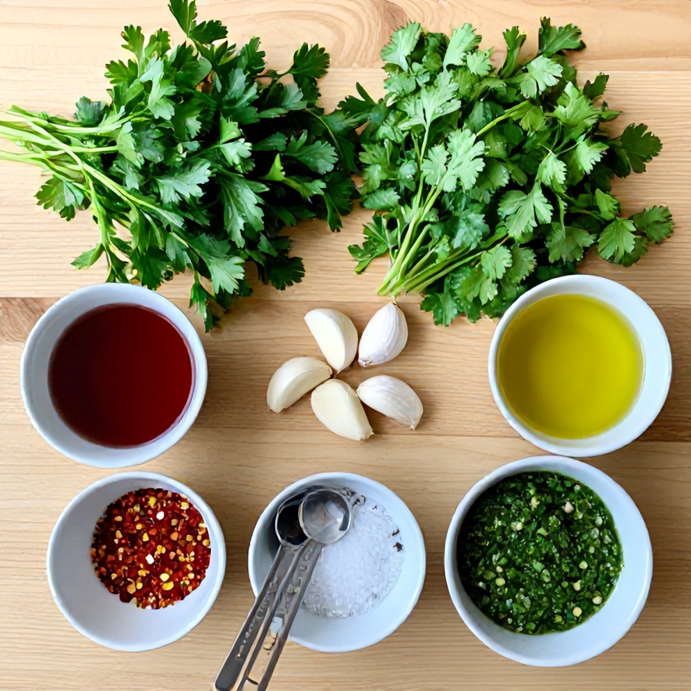 Chimichurri Sauce ingredients on wooden surface