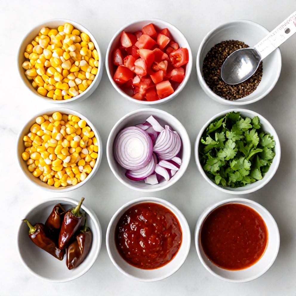 Raw ingredients for Chipotle Corn Salsa on a white marble surface
