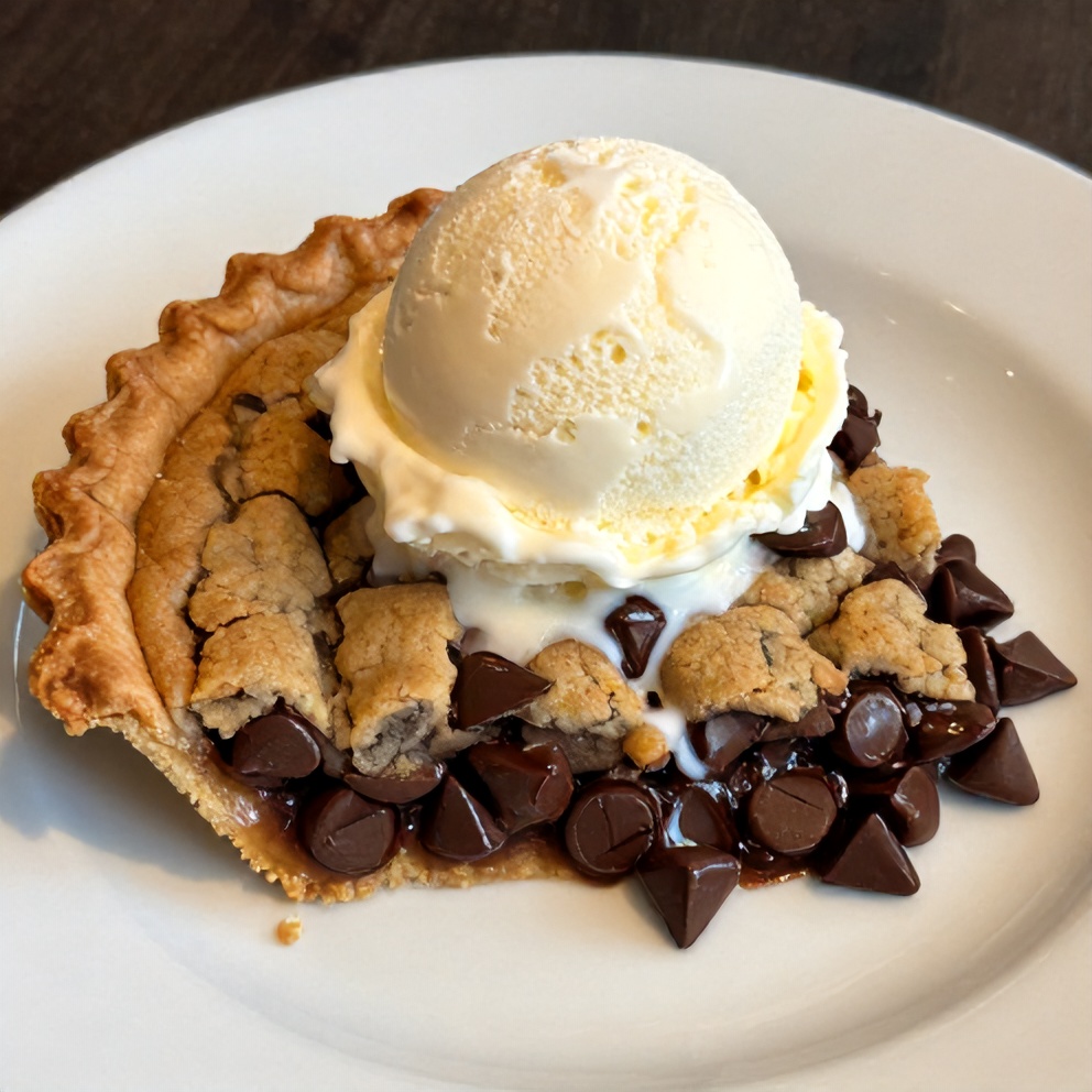 Chocolate Chip Cookie Pie on a white plate with a scoop of vanilla ice cream