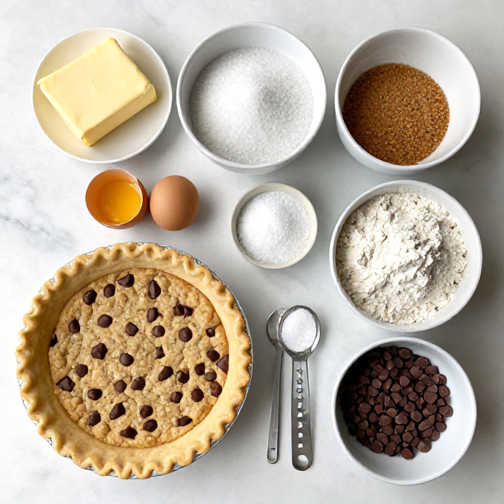 Raw ingredients for Chocolate Chip Cookie Pie arranged on a white marble surface