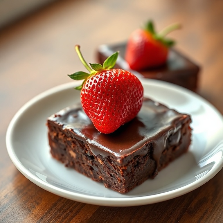 Plated chocolate covered strawberry brownies with a fresh strawberry on top, perfectly arranged on a white plate