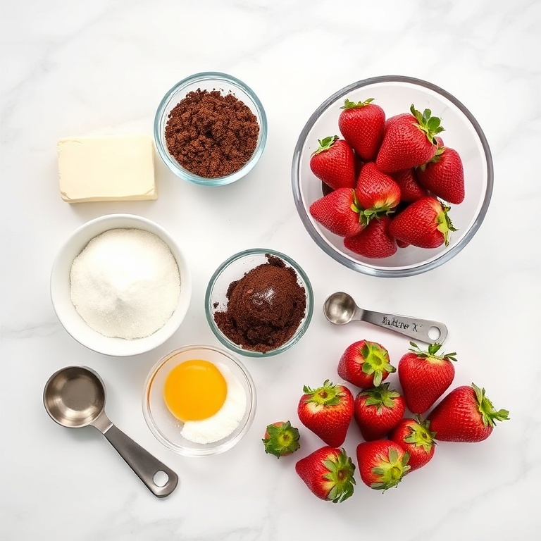 Raw ingredients for chocolate covered strawberry brownies arranged in a flat lay: butter, sugar, flour, cocoa powder, eggs, and fresh strawberries