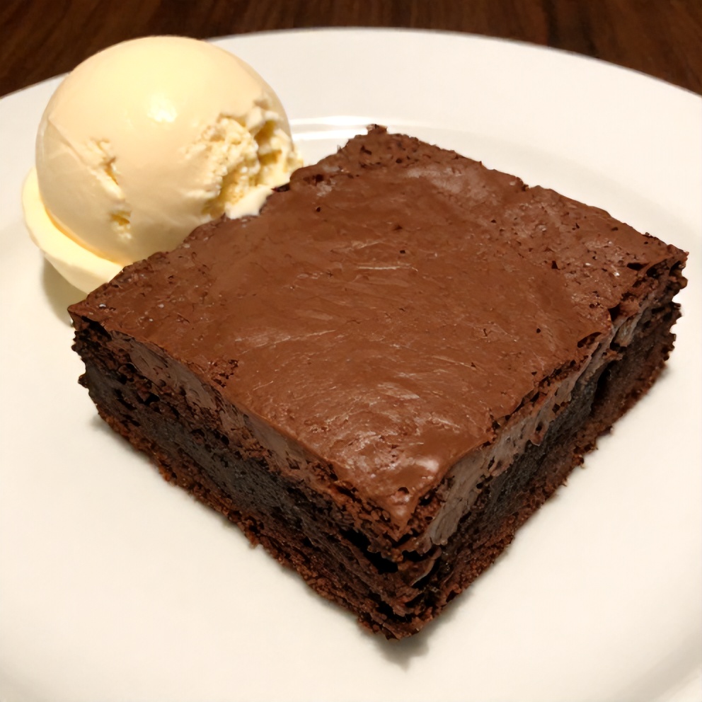 Chocolate Mousse Brownies plated with a scoop of vanilla ice cream