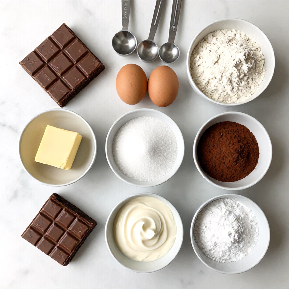 Raw ingredients for Chocolate Mousse Brownies including chocolate, butter, and eggs