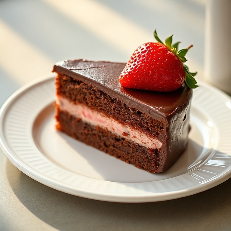 A slice of chocolate strawberry cake with a strawberry garnish on a white plate
