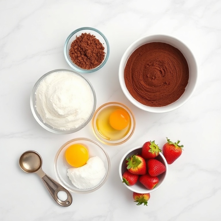 Mixing bowl with flour, sugar, cocoa, and eggs. Measuring cups and spoons nearby