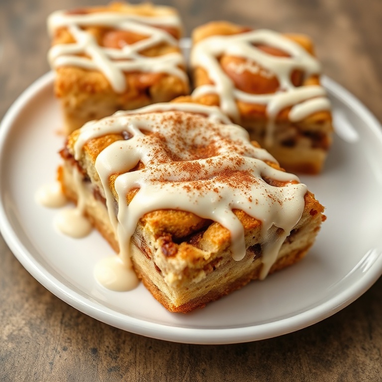 Cinnamon roll bars on a white plate with a drizzle of vanilla frosting. Fresh cinnamon sprinkled on top.