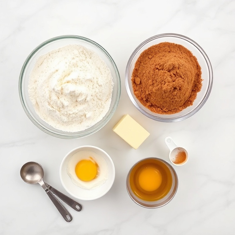 Flour, brown sugar, cinnamon, butter, and eggs arranged in a flat lay. Measuring cups and spoons nearby.