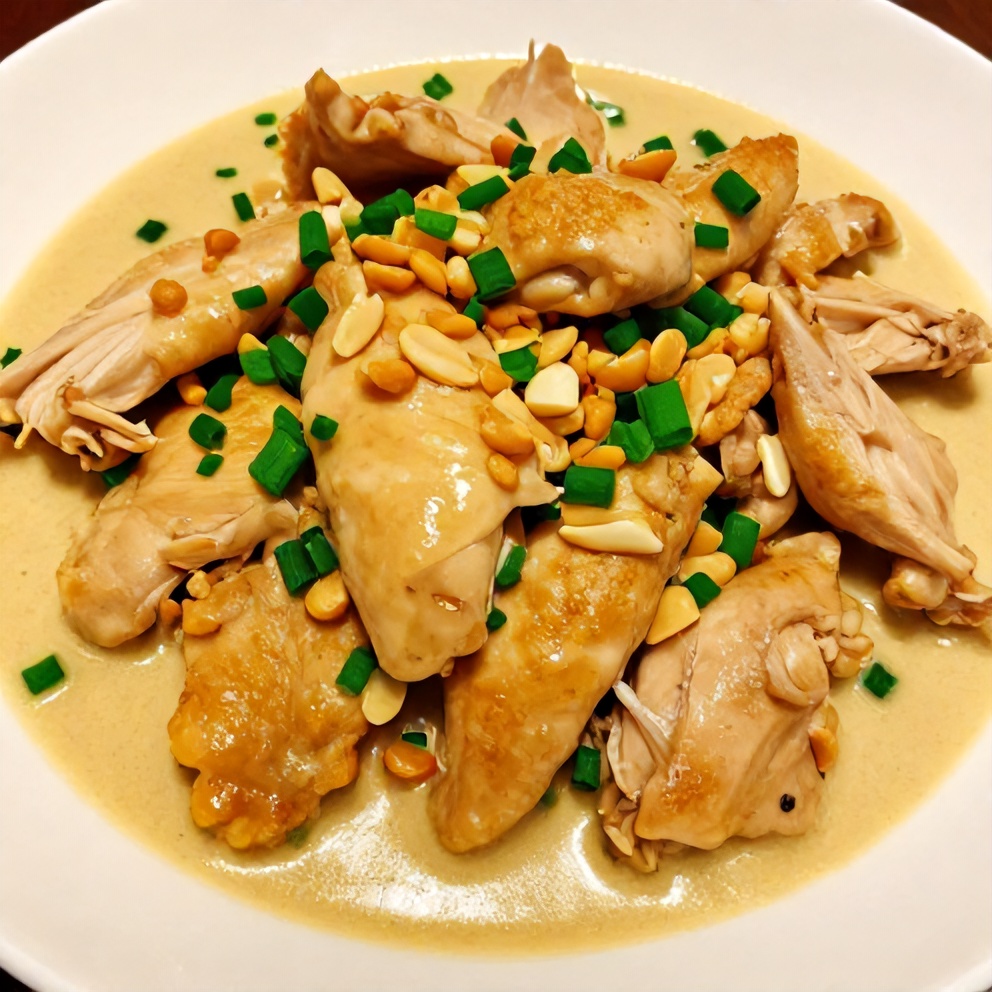 Plated coconut chicken with green onions and peanuts