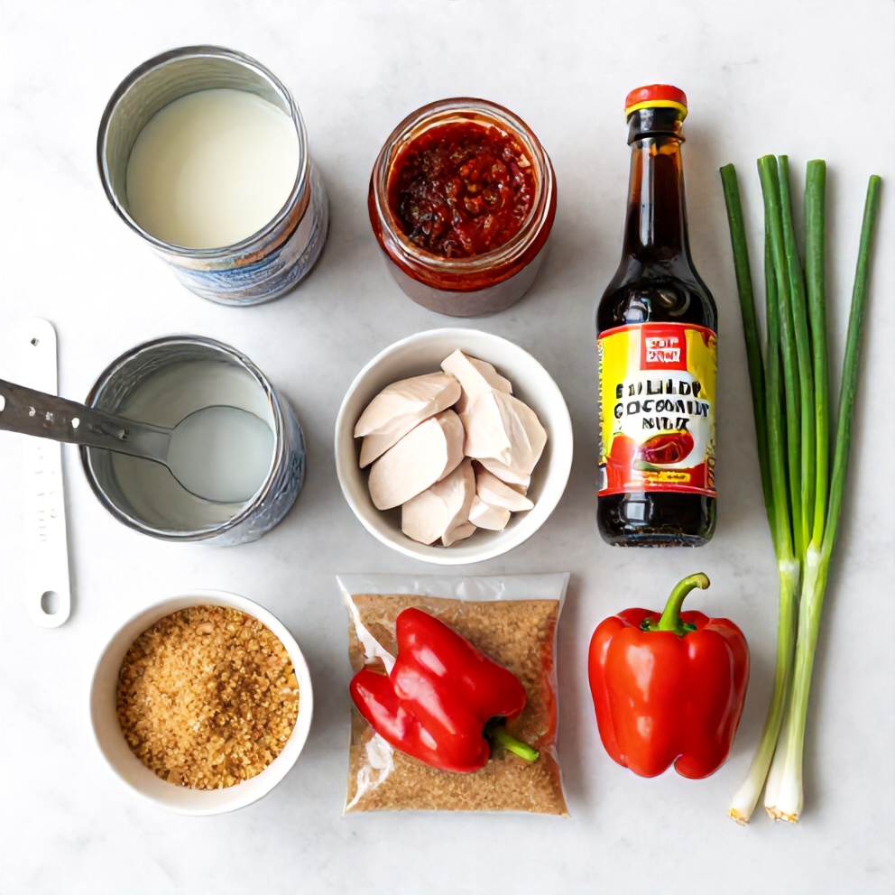 Raw ingredients for coconut chicken: chicken, coconut milk, curry paste, bell peppers, green onions