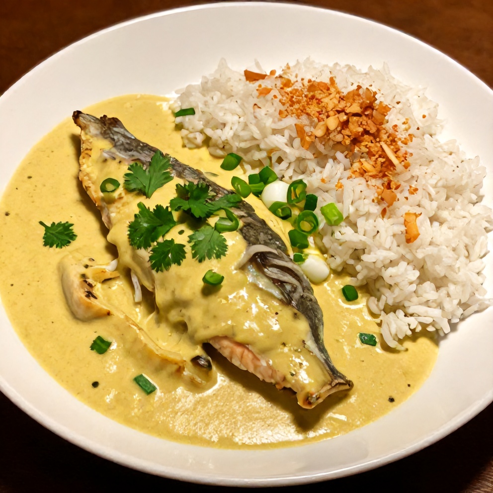 Plated Coconut Lime Fish Curry with Jasmine Rice