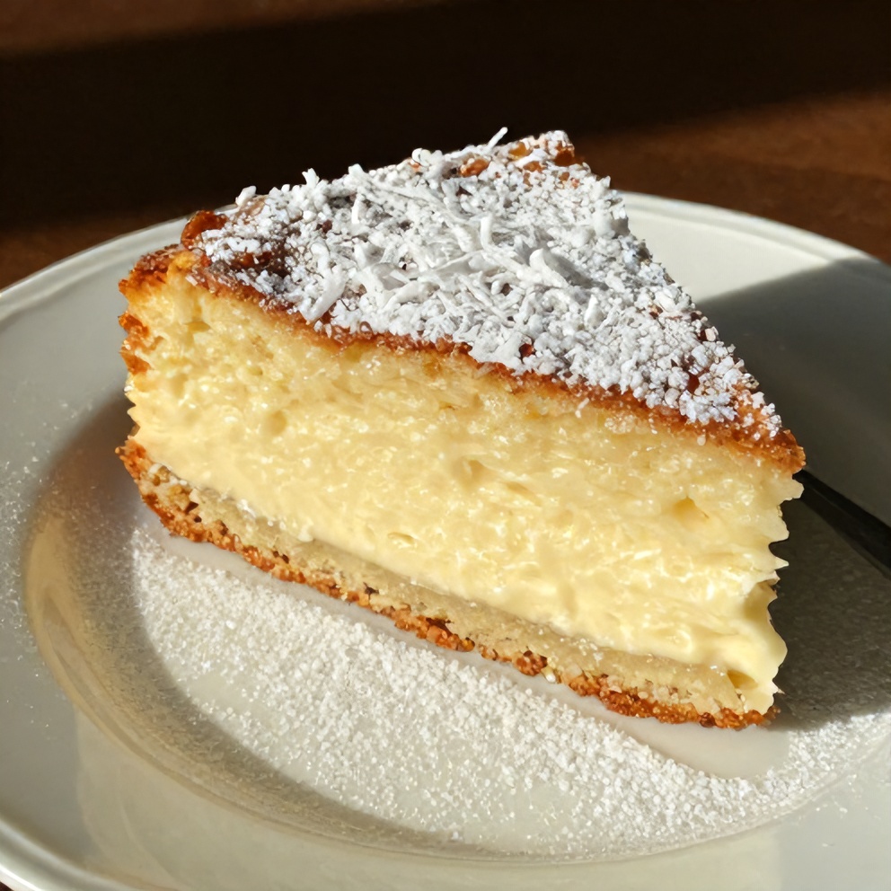 Slice of Easy Coconut Milk Snack Cake on a white plate