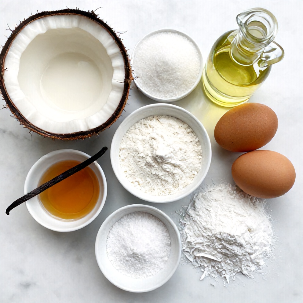 Raw ingredients for Easy Coconut Milk Snack Cake on a white marble surface