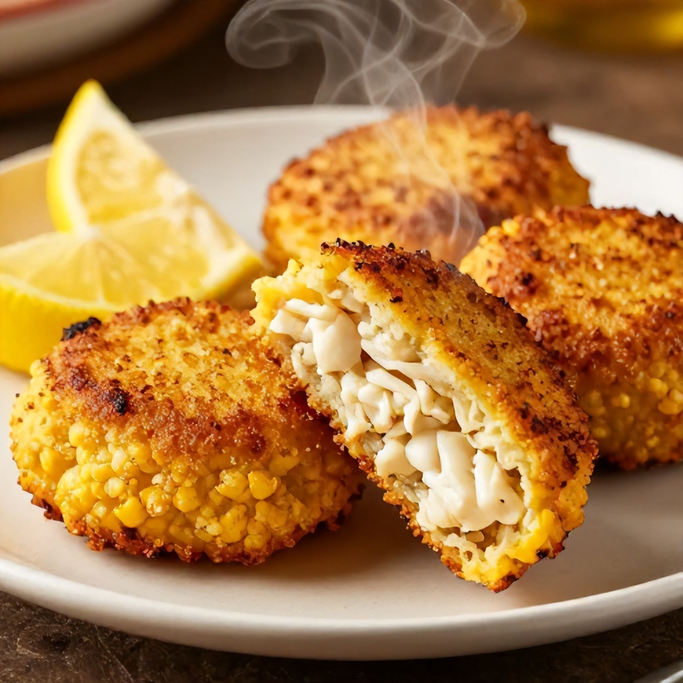 Plated cornbread stuffing crab cakes with lemon wedges