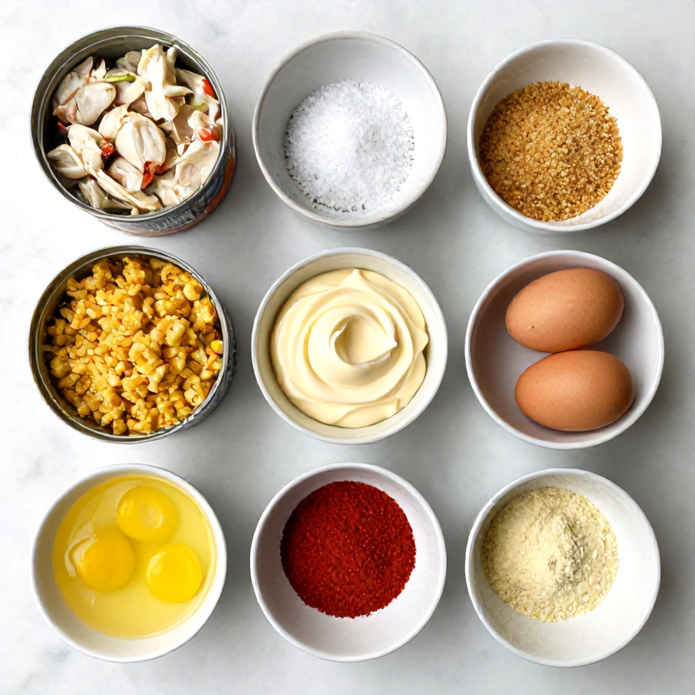 Raw ingredients for cornbread stuffing crab cakes on a marble surface