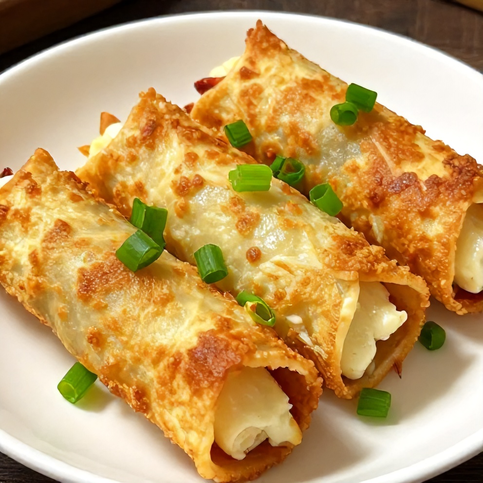 Crab Rangoon Pinwheels plated on a white dish with a garnish of chopped green onions