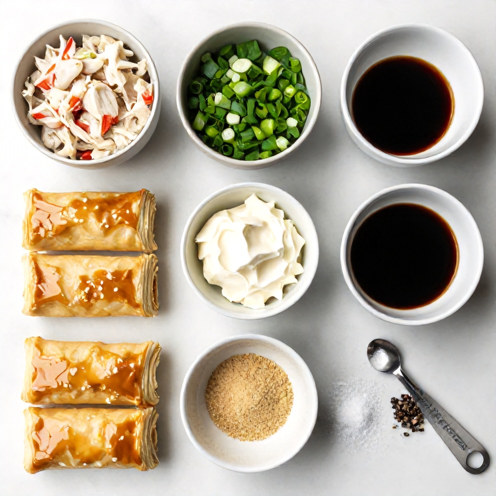 Crab meat, cream cheese, green onions, puff pastry, and soy sauce arranged on a white marble surface