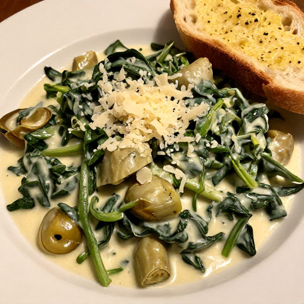 Plated Creamed Spinach and Artichokes with garlic bread