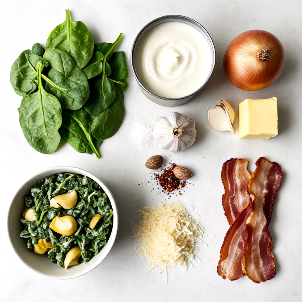 Raw ingredients for Creamed Spinach and Artichokes
