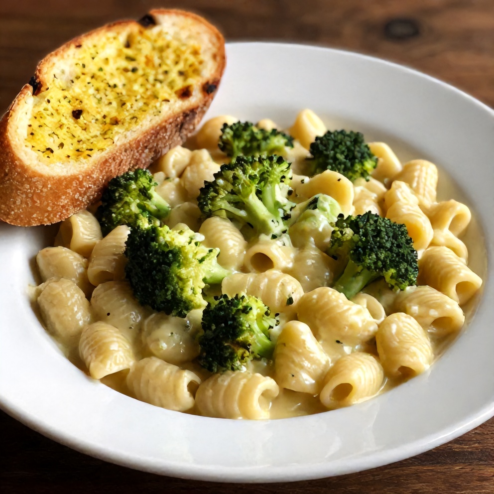 Plated serving of creamy gnocchi and broccoli bake with a side of garlic bread