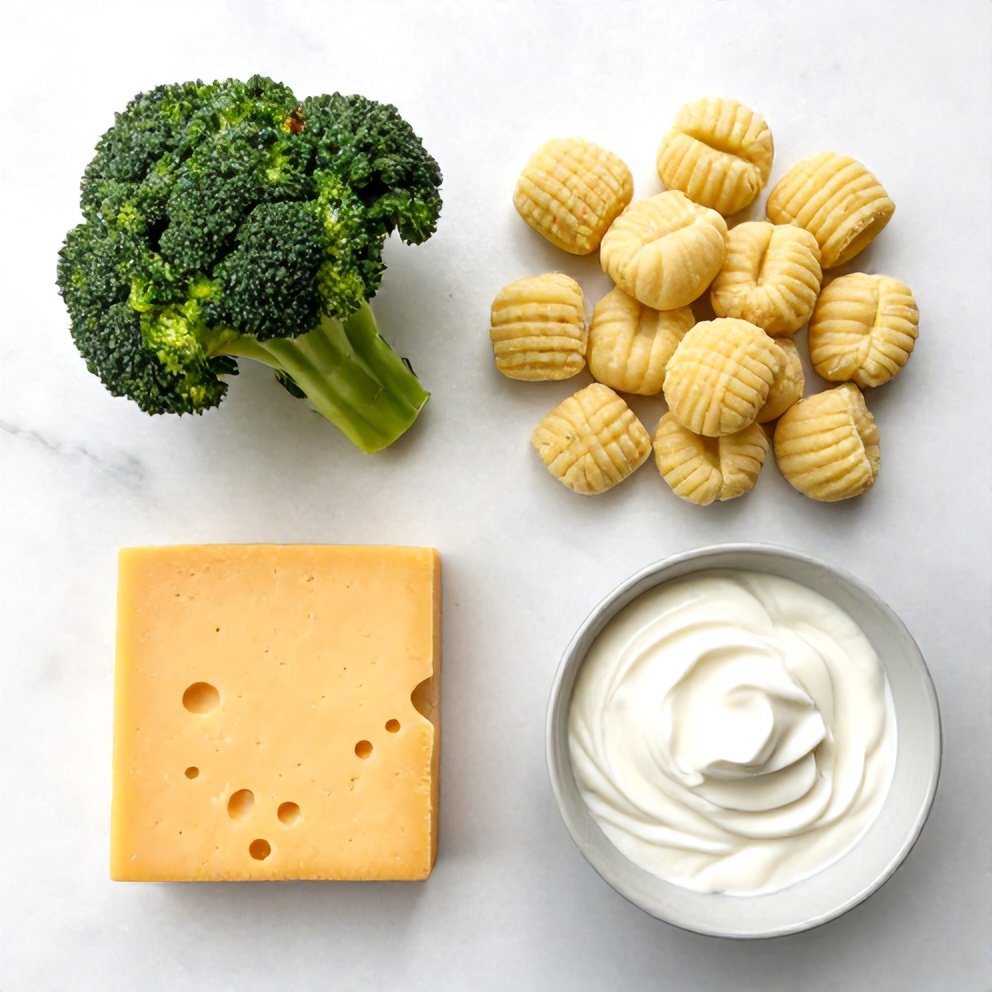 Raw ingredients for gnocchi broccoli bake including gnocchi, broccoli, cheese, and heavy cream