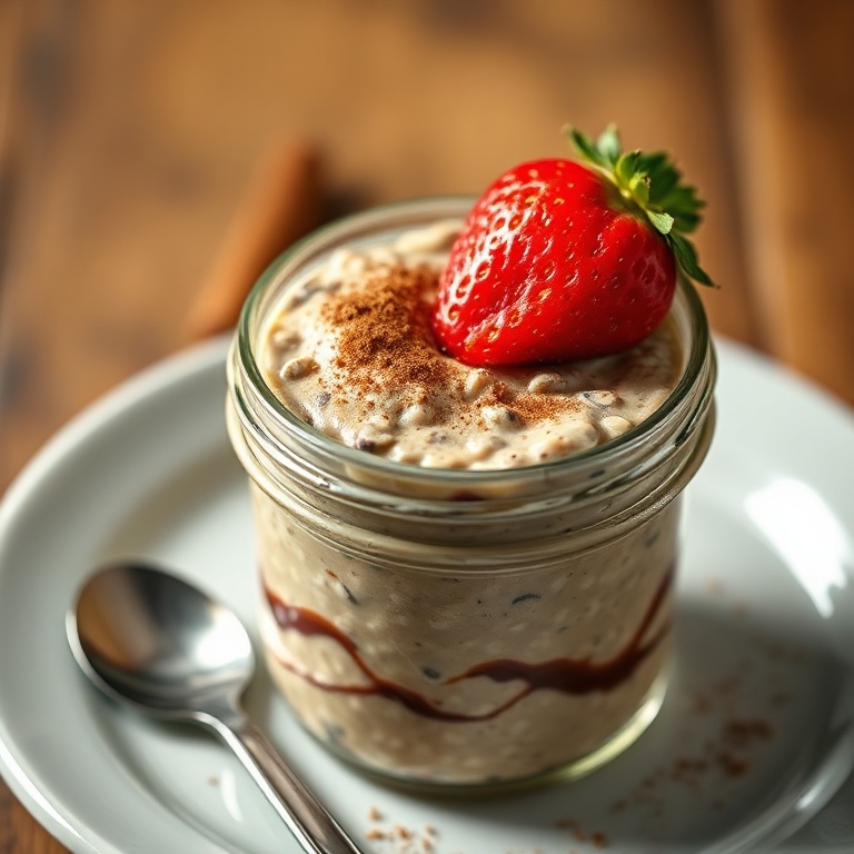 Creamy nutella overnight oats in a glass jar with a sprinkle of cinnamon and a strawberry on top